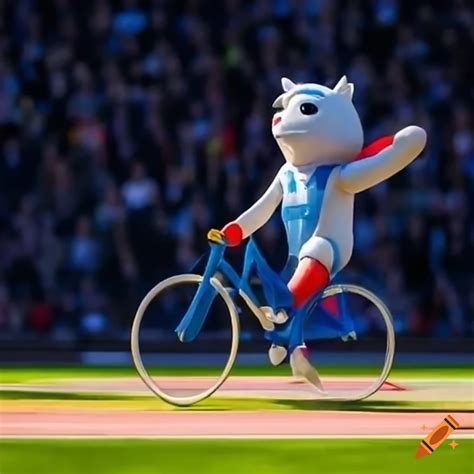 2028 amsterdam olympics mascot biking in stadium on Craiyon