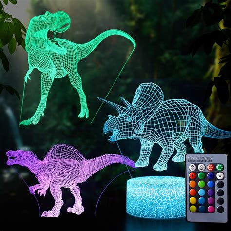 3D Dinosaur Night Light - 3D Illusion Lamp Three Pattern and 7 Color Change Decor Lamp with ...