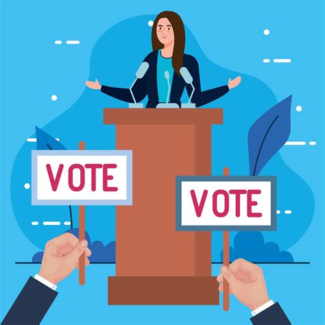 Election day, woman on podium. Hands holding vote banners vector design ...