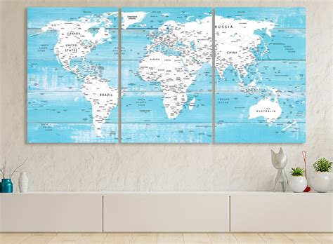 World Map Canvas World Map Decor White Blue Map Large World - Etsy