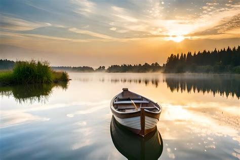 Premium AI Image | A boat on a lake at sunset