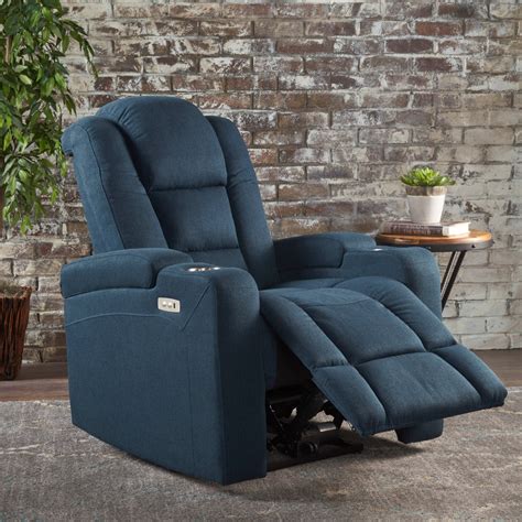 Everette Tufted Navy Blue Fabric Power Recliner with Arm Storage and U – GDF Studio