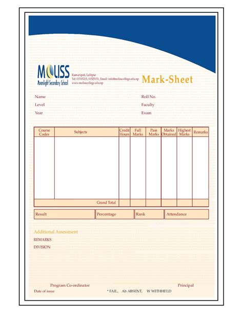 Mark sheet format for MS-WORD Lab Assignment