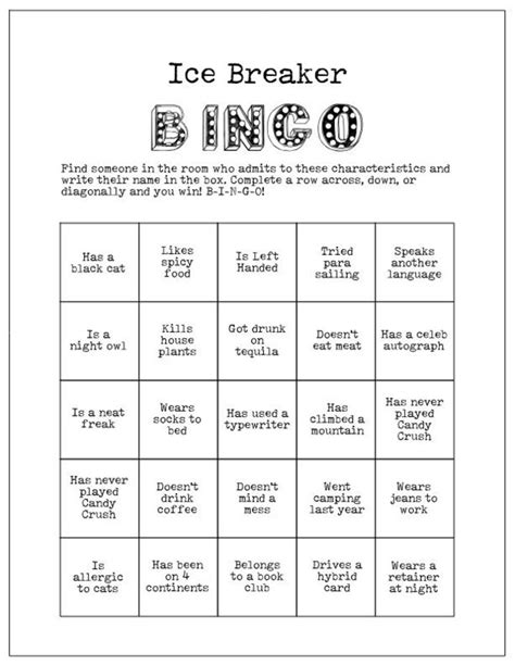 Sample Human Bingo Grids for Team Building - Team Bonding