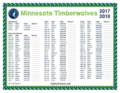 Printable 2017-2018 Minnesota Timberwolves Schedule