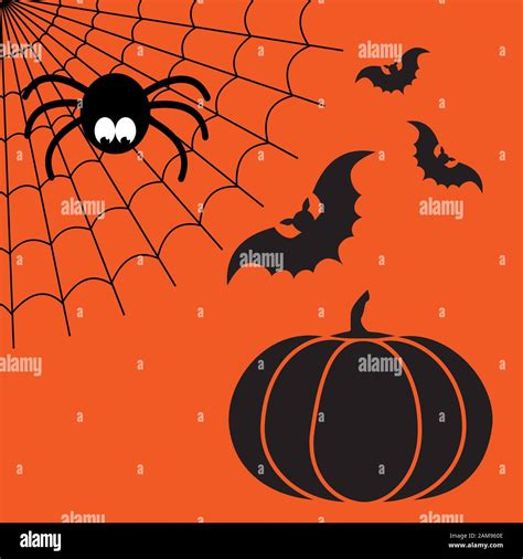 Black and orange vector cartoon isolated spider web with funny spider, flying bats and pumpkin ...