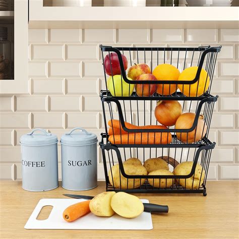 STORAGE STACKING WIRE BASKET STACKABLE SHELVES VEGETABLE FOOD KITCHEN ...