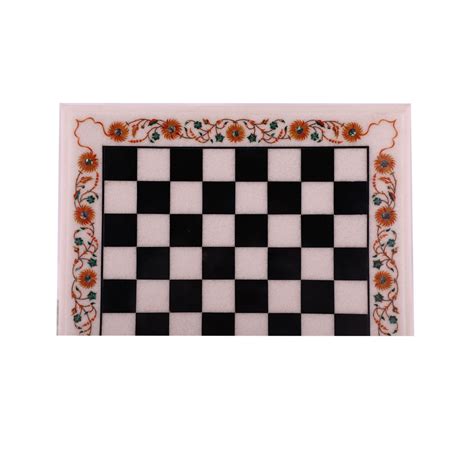 Luxury Square White Marble Chess Table Inlaid Real Gemstones - Artefactindia