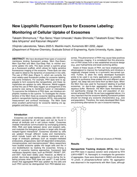 (PDF) New Lipophilic Fluorescent Dyes for Exosome Labeling: Monitoring of Cellular Uptake of ...