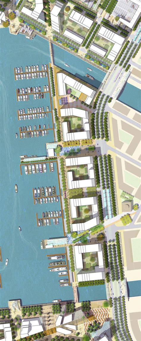 an artist's rendering of a waterfront area with boats and buildings in the water