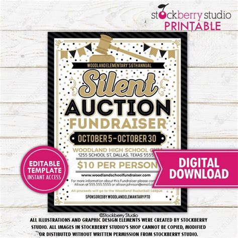 Silent Auction Fundraiser Flyer Printable Black Tie Gala School PTO PTA ...