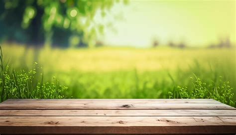 Premium AI Image | A wooden table in front of a green background with a blurred background