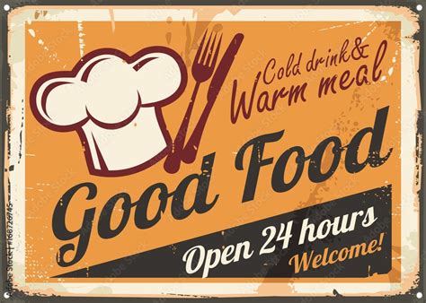 Restaurant sign design. Good food, cold drink and warm meal retro poster template with chef hat ...