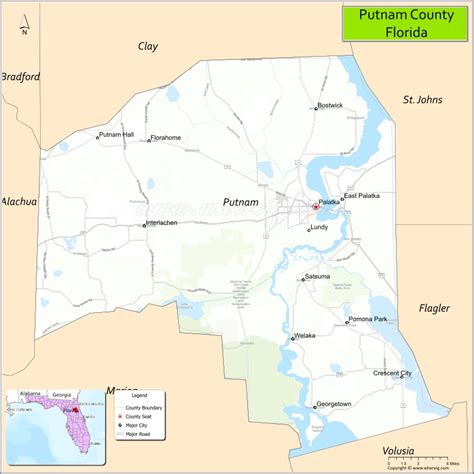 Putnam County Map, Florida, USA | Check Major Cities & Towns, County Facts & Location