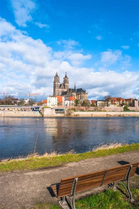 View of Magdeburg Cathedral and Elbe River from a Bench, Magdeburg, Germany Stock Image - Image ...