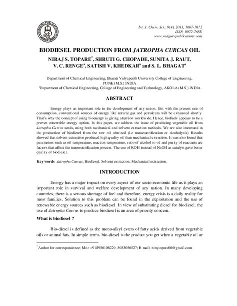 (PDF) BIODIESEL PRODUCTION FROM JATROPHA CURCAS OIL | Niraj Topare - Academia.edu