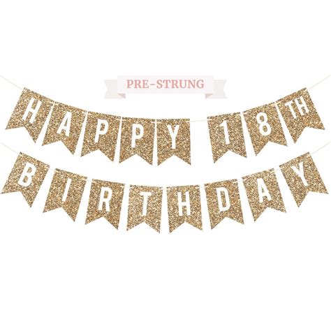 Pre-strung Happy 18th Birthday Banner NO DIY Gold Glitter 18th Birthday ...