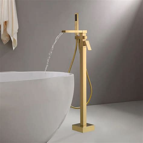 Modern Waterfall Bathroom Tub Filler Faucet with Handheld Spray Solid Brass Brushed Gold - Home ...