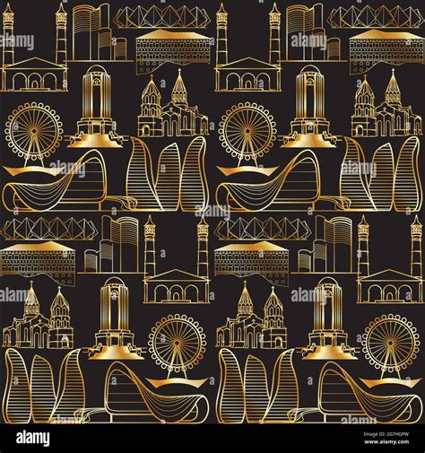 Front elevations of popular landmarks, travel destinations at Azerbaijan in gold Stock Vector ...