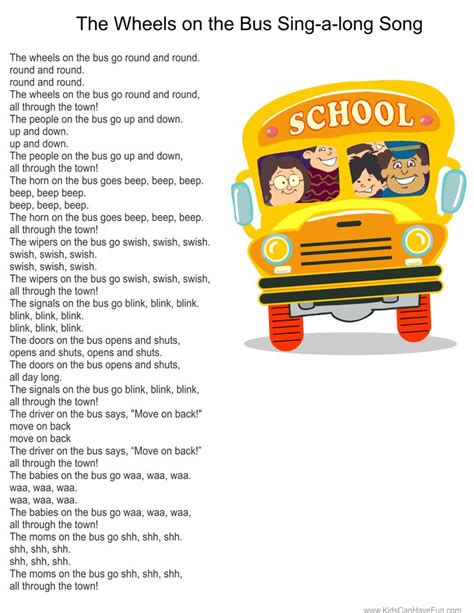 Wheels on the Bus Song Poster | Preschool songs, Kindergarten songs ...