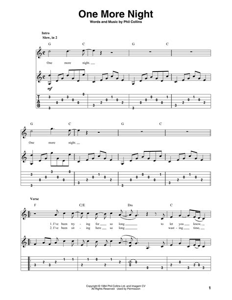 One More Night by Phil Collins Sheet Music for Solo Guitar at Sheet ...