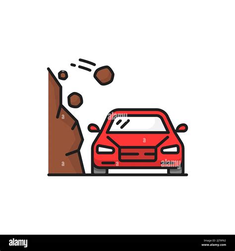 Landslide natural disaster isolated color line icon. Rocks falling on red car, travel road ...