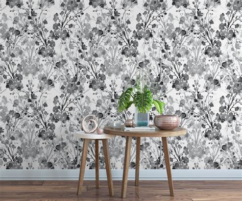 Peel and Stick Wallpaper Floral/ Black and Gray Watercolor - Etsy