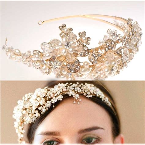 Gold Flower Bridal Wedding Tiara Pearls Beads Rhinestone Crystal Headband- EU