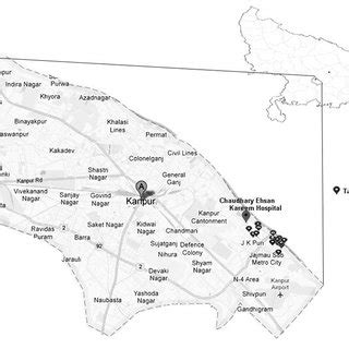 Satellite map of Kanpur city with the pointers showing specific ...