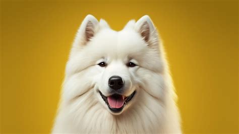 Premium AI Image | Close up face of white samoyed puppies against a yellow background Generative AI