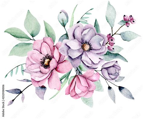 Summer flowers watercolor, pink and violet peonies. Floral clip art. Perfectly for print design ...