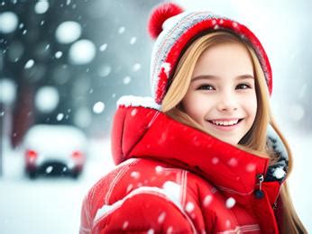 A young girl wearing a red coat and a hat in the snow Image & Design ID 0000107643 ...