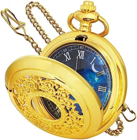 Tiong Gold Pocket Watch Hollow Blue Starry Design Quartz Roman Numerals ...