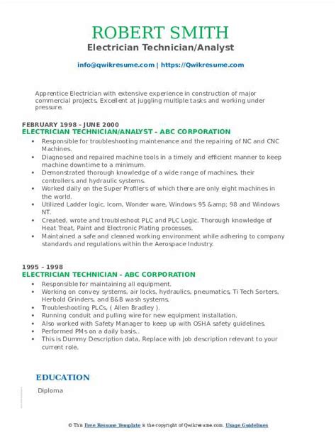 Electrician Technician Resume Samples | QwikResume