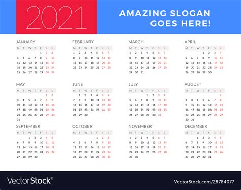 Calendar for 2021 year week starts on monday Vector Image