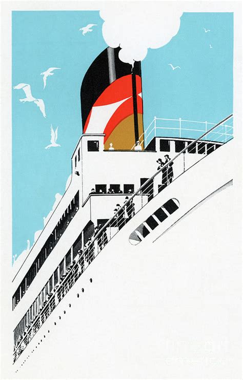 Art Deco 1920s Illustration of a Cruise Ship with Passengers, 1928 Painting by American School ...
