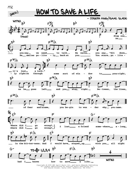 How To Save A Life by The Fray Sheet Music for Real Book – Melody, Lyrics & Chords at Sheet ...