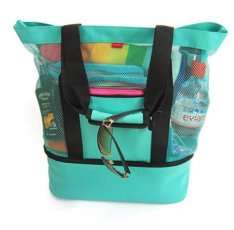 Zipper Top Mesh Beach Tote Bag with Insulated Cooler Bottom Compartment ...