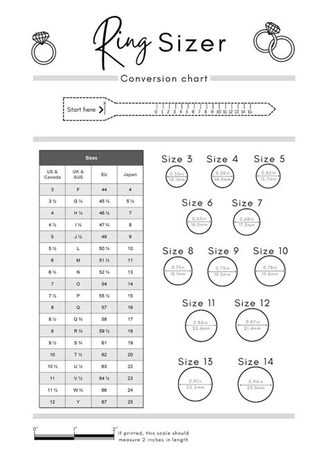 the size chart for an engagement ring is shown in black and white, as well as measurements