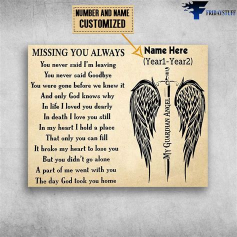 My Guardian Angel, Missing You Always, You Never Said, I'm Leaving Customized Personalized NAME ...