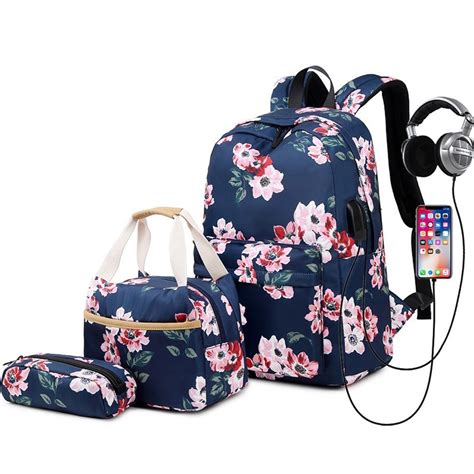 College Backpack Set with USB Charging Port for High School Floral Prints Backpack with Lunch ...