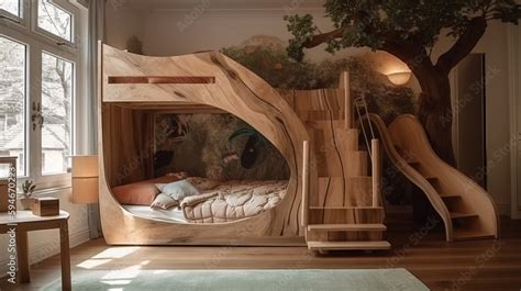 A whimsical treehouse-inspired bed with a built-in slide. AI generated ...