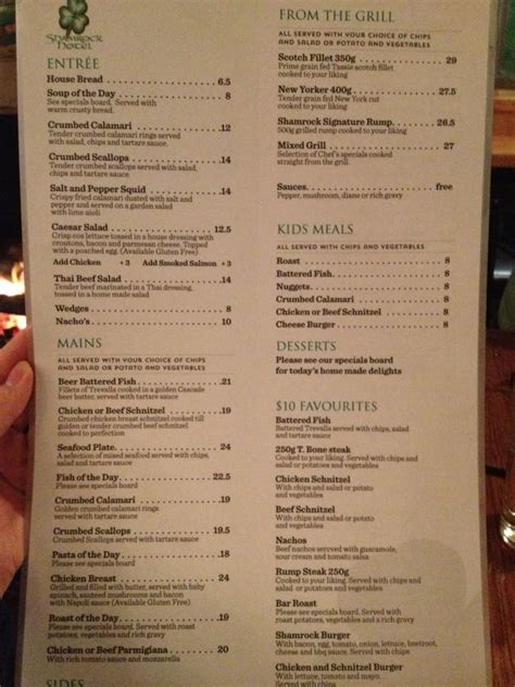 Menu at Shamrock Hotel pub & bar, Hobart