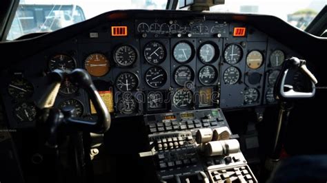 Cockpit of an Airplane, Showing the Instruments and Controls Up Close ...