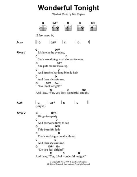 Wonderful Tonight by Eric Clapton Sheet Music for Guitar Chords/Lyrics at Sheet Music Direct