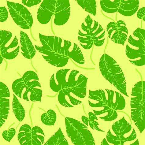 Hand drawn simple leaf monstera and palm leaves. Seamless vector cartoon yellow positive summer ...