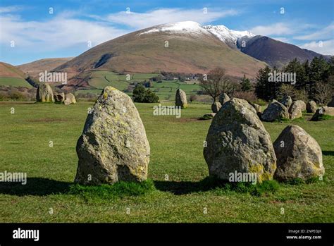 View looking from Castlerigg Stone Circle towards snow topped Blencathra in spring late winter ...