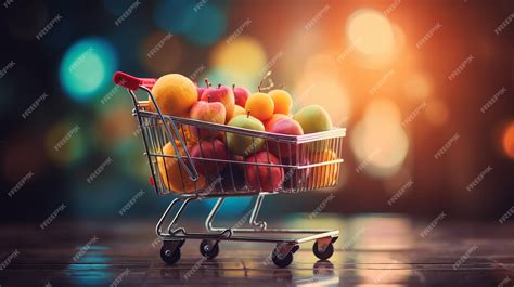 Premium AI Image | Supermarket Shopping Cart Full of Fruits and Vegetables with Copy Space