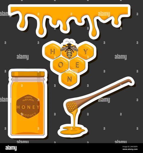 Illustration on theme sugary flowing down honey in honeycomb with bee ...