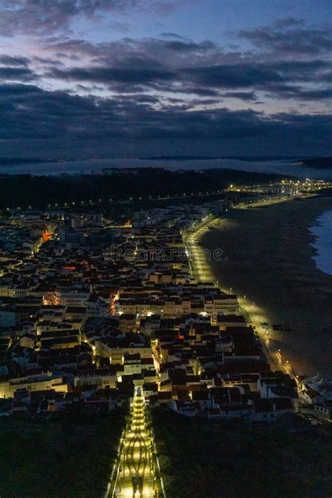 View of the Illuminated Streets of Nazare from the Lighthouse Stock Image - Image of face, shell ...